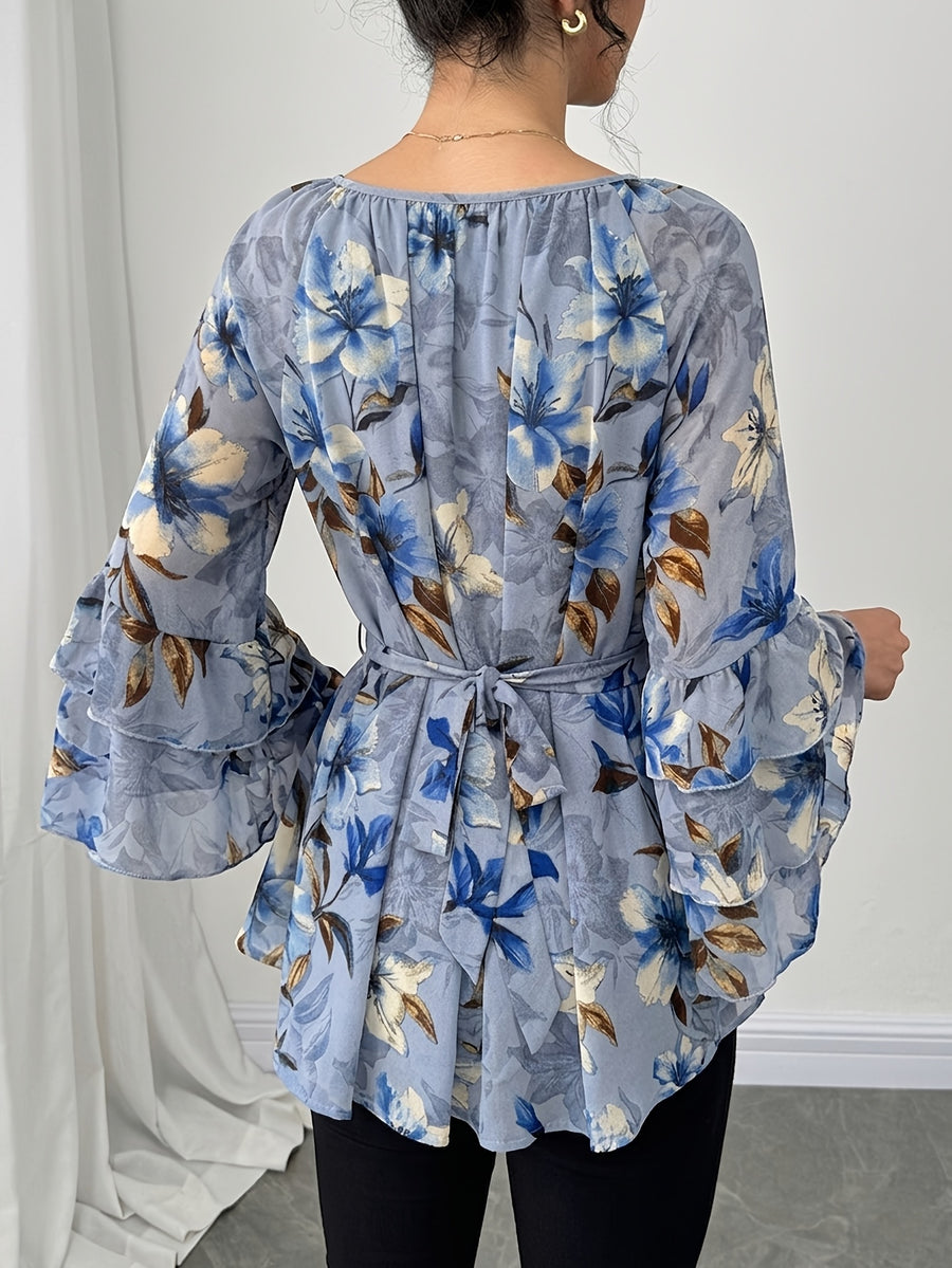 Women'S Summer Elegant Top, Chiffon Floral Print Layered Ruffle Sleeve, Waist Tie Festival Outfit, Holiday Vacation Wear Shirt - Light Blue