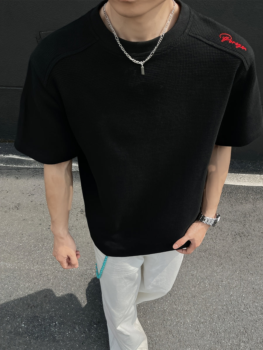 Men's Casual Sports T-shirt, a Fashionable and Trendy Men's T-shirt Featuring Embroidery, Simple and Versatile Solid Color with a Round Neck and Short Sleeves. The Loose Fit Offers Comfort with Slightly Stretchy Fabric, Ideal for Daily Casual Wear - Black