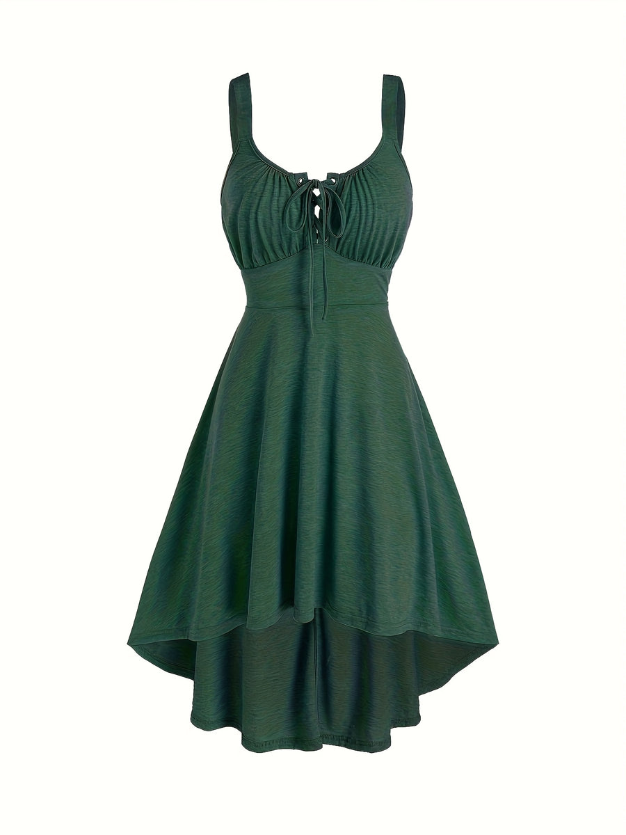 Casual Solid Color, Front Cross Straps with Eye Hook Design, Retro Bust Contour, Short Front Long Back Comfortable Casual, Home, Vacation Dress, Targeted Development - Dark Green