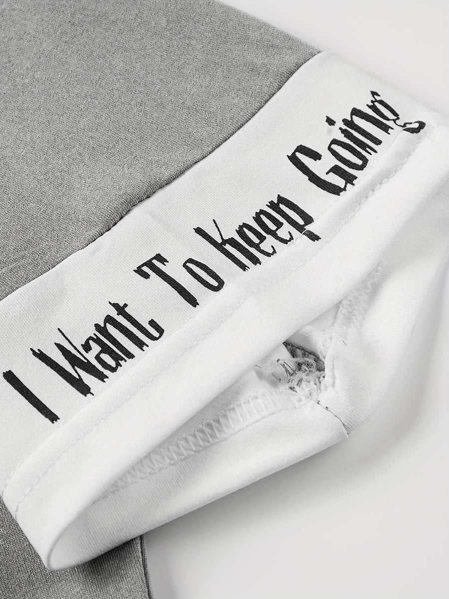 Color-Block Hooded Men'S Casual Letter Print Faux Two-Piece Short Sleeve T-Shirt - Heather Grey