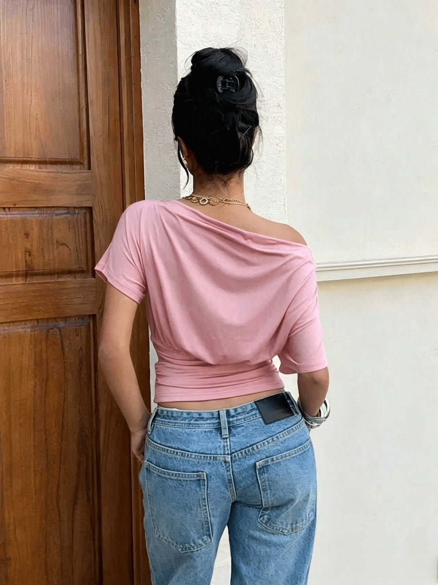 Gauze Off-Shoulder Short-Sleeve Top, Open-Shoulder One-Piece T-Shirt - Pink