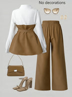 Women's Elegant 2pcs Office Set, Lapel Long-Sleeve Top with Slit Wide-Leg Pants, Business Commuter Style Outfit - Khaki