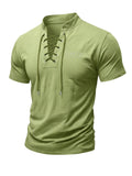 Men's Summer Tie-Strap Stand Collar Short-Sleeve T-Shirt, Featuring a Solid Color Design to Break the Monotony of Outfits. Made from Skin-friendly, Breathable, and Comfortable Fabric, with a Clean-cut Silhouette That Accentuates Your Figure - fern green