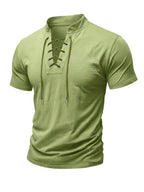 Men's Summer Tie-Strap Stand Collar Short-Sleeve T-Shirt, Featuring a Solid Color Design to Break the Monotony of Outfits. Made from Skin-friendly, Breathable, and Comfortable Fabric, with a Clean-cut Silhouette That Accentuates Your Figure - fern green