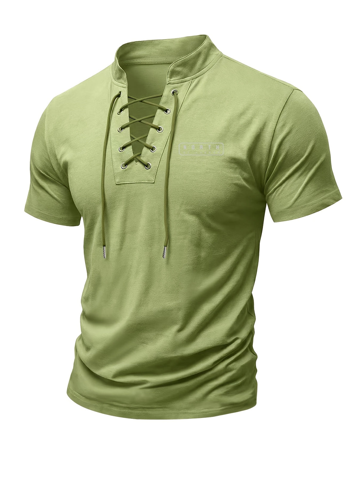 Men's Summer Tie-Strap Stand Collar Short-Sleeve T-Shirt, Featuring a Solid Color Design to Break the Monotony of Outfits. Made from Skin-friendly, Breathable, and Comfortable Fabric, with a Clean-cut Silhouette That Accentuates Your Figure - fern green