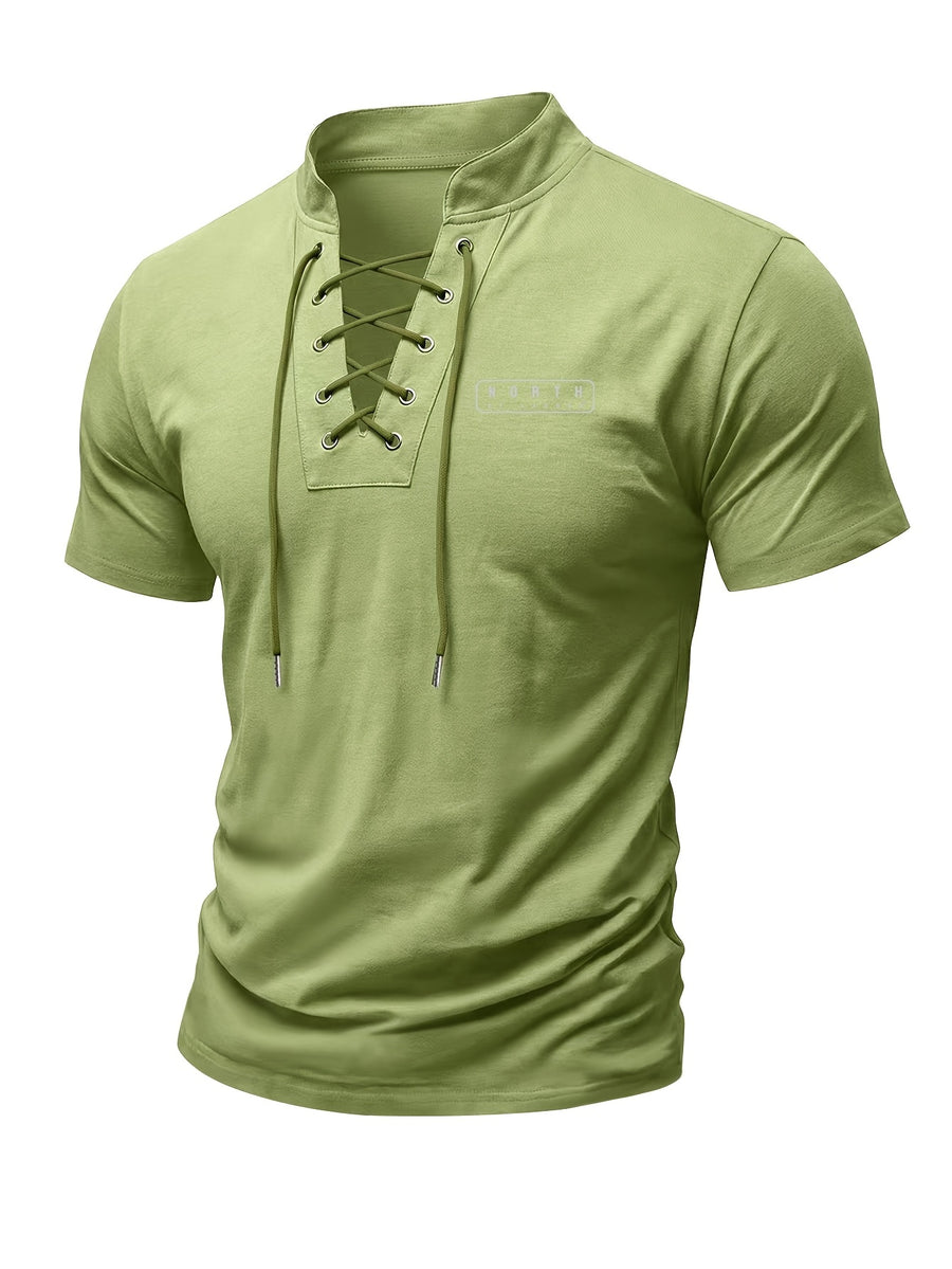 Men's Summer Tie-Strap Stand Collar Short-Sleeve T-Shirt, Featuring a Solid Color Design to Break the Monotony of Outfits. Made from Skin-friendly, Breathable, and Comfortable Fabric, with a Clean-cut Silhouette That Accentuates Your Figure - fern green