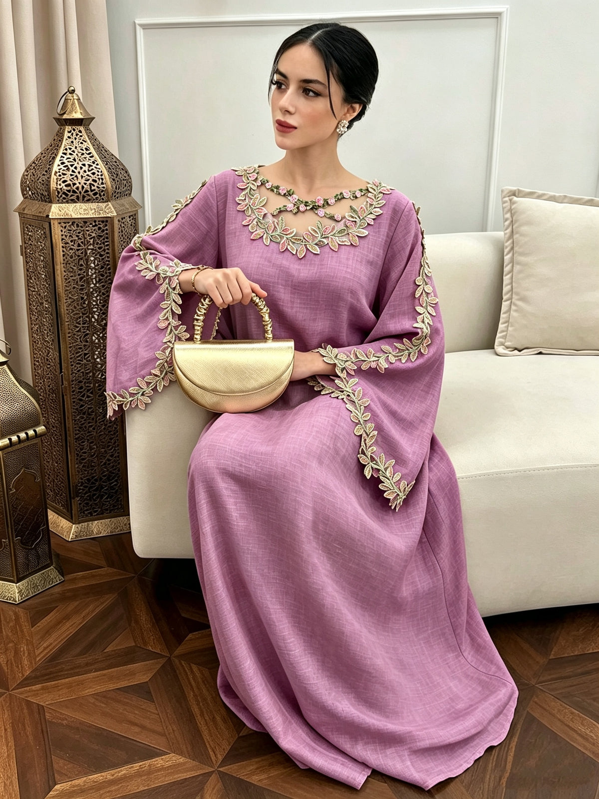 Women's Loose-fit Long-sleeve Dress, Arabic Style, Adorned with Embroidery and Cross Patterns - Pink Purple