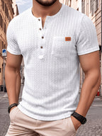 Men'S Fashion Men'S Top, Spring Summer Outdoor Casual Fresh Texture Jacquard Fabric Solid Color Round Neck Single-Button Pocket Patchwork Short Sleeve Men'S Henley Shirt - White