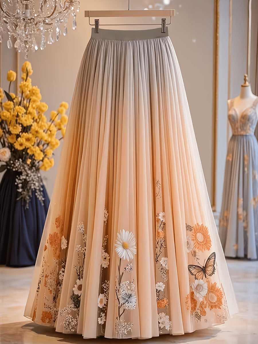 New Spring/Summer Women's Mesh Skirt with Butterfly Floral Print, Suitable for Banquets, Dates, and Vacation Outfits - Mixed colors