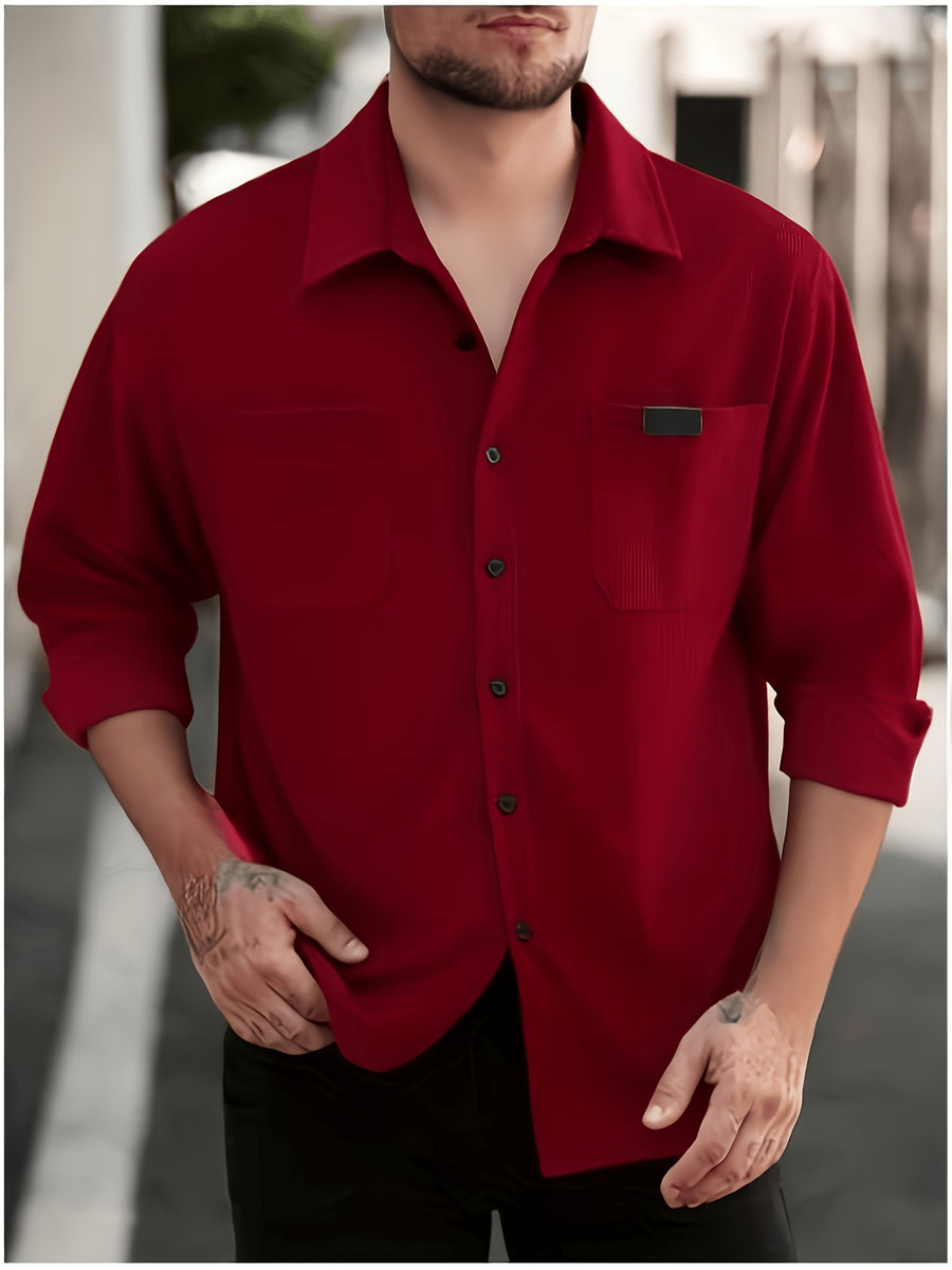 Spring And Autumn Men'S Corduroy Shirt (Jacket) Long Sleeve Lapel Double Pocket Regular Casual Retro Cool Top (Multi-Color) - Red