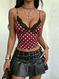 2026 Summer New Striped Polka Dot Fashionable Sexy Backless Lace Stitching V-Neck Small Suspender Top - Burgundy