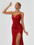 Sparkly Sequin Off-The-Shoulder Camisole Pleated Dress, Elegant Split Thigh Draped Side Slim Evening Dress, for Parties And Banquets, Wedding Nights, Proms, Date Night Dinners, Fashionable Elegant Performance Attire - Red