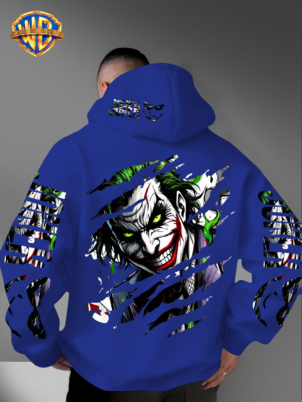 WB Men's Joker Print Hooded - Warner Bros. Official & Iconic Joker Design, Loose Fit Hoodie with Hooded Pullover, Machine Washable Streetwear for Fall/Winter Casual Wear Suitable for Autumn and Winter Warmth - Blue
