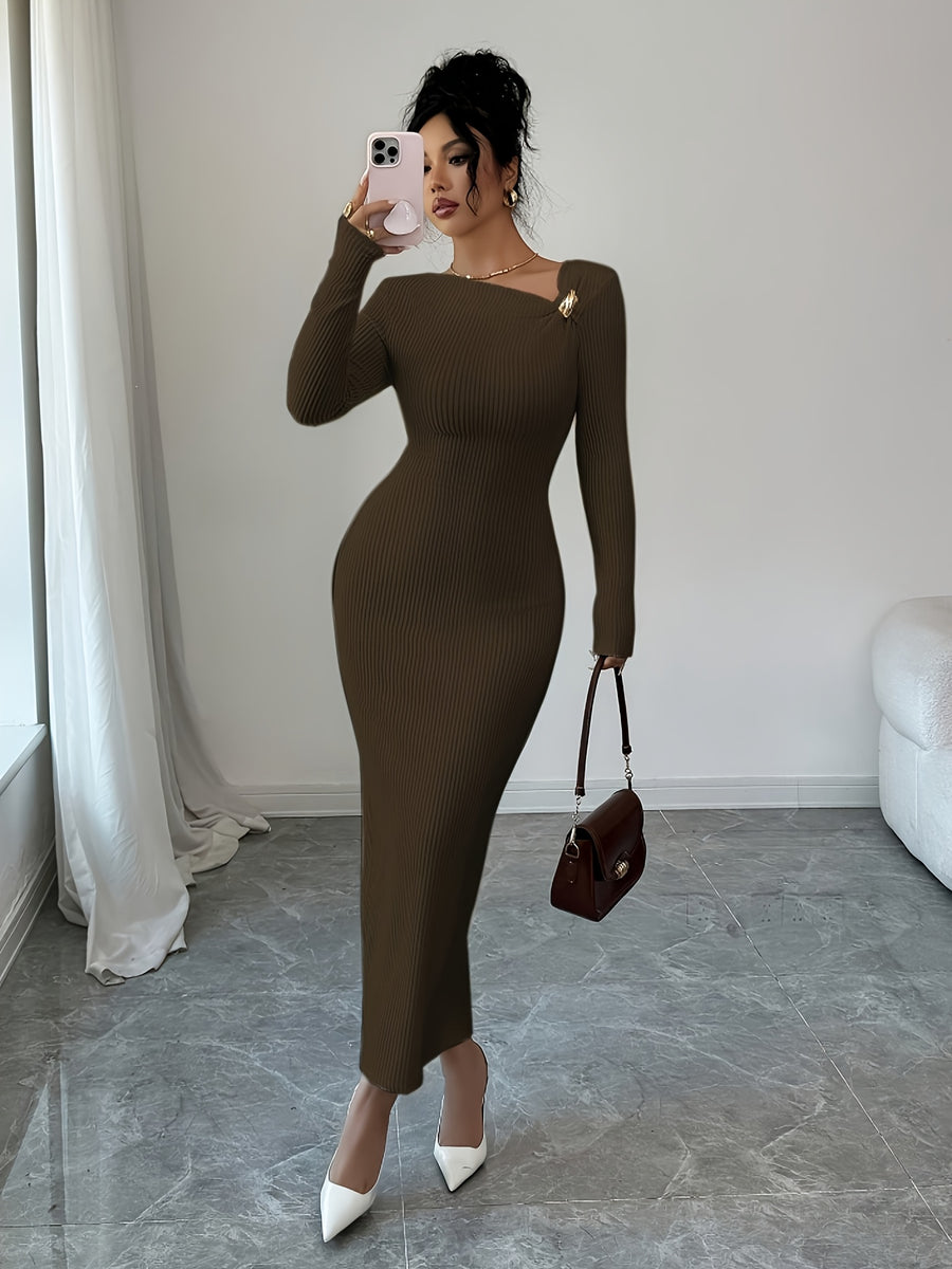 Elenzga Women'S Solid Color Long Sleeve Asymmetric Collar Bodycon Midi Dress | Elegant, Metal Decoration, Suitable For Spring/Summer/Fall - Dark Brown