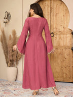Women's Elegant Arabic Style -Line Maxi Dress with Lace Bell Sleeves & Round Neck - Solid Color Suitable for Weddings, Parties, Special Occasions, Spring Summer Fall Dresses - The color of rouge