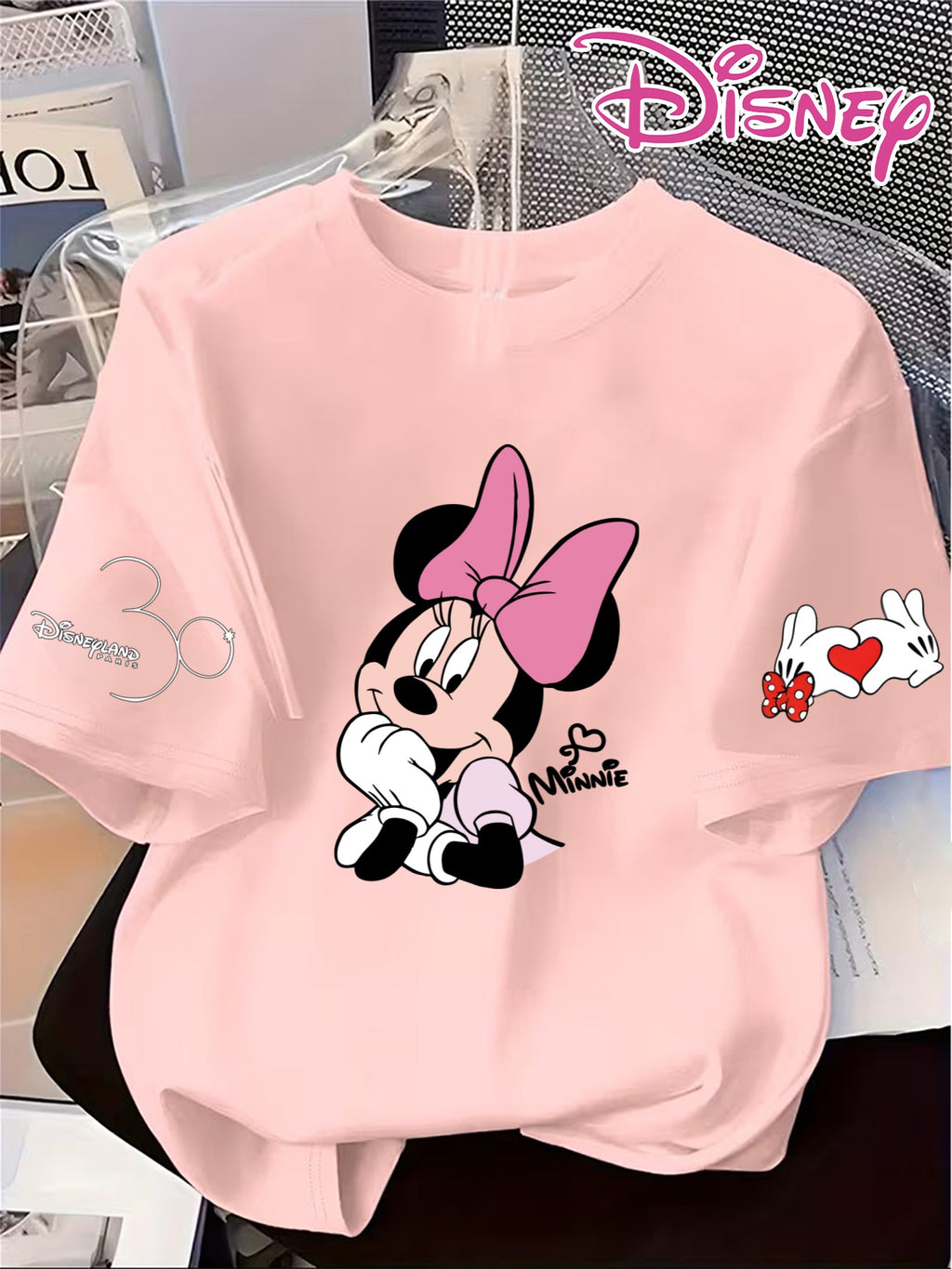 Disney Minnie Cute Short-Sleeve Women'S T-Shirt with a Heart Print, Comfortable Round-Neck Sweatshirt for Spring And Summer - Pink