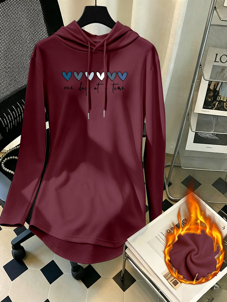 Mid-Length Hooded Sweatshirt for Women, Loose Hip-Covering Heart And Letter Print Drawstring Pullover Top - Burgundy