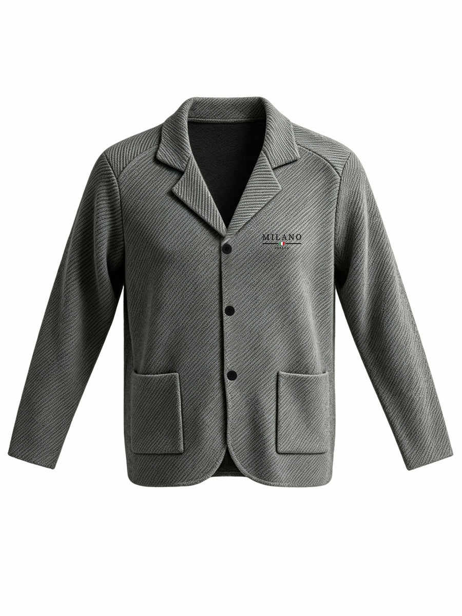 Men'S Spring Autumn New Print High-Grammage Pinstripe Texture Fabric Blazer Collar Cardigan Single Button Double Pocket Business Casual All-Match Long Sleeve Jacket, Knit Soft Comfortable Fashion Solid Color Outerwear Suitable for Daily Outings - Grey