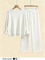 Fashion Spring Autumn Casual Long Sleeve V-Neck Sweatshirt And Pants Two-Piece Set, Casual Long Pants Suit - White+White