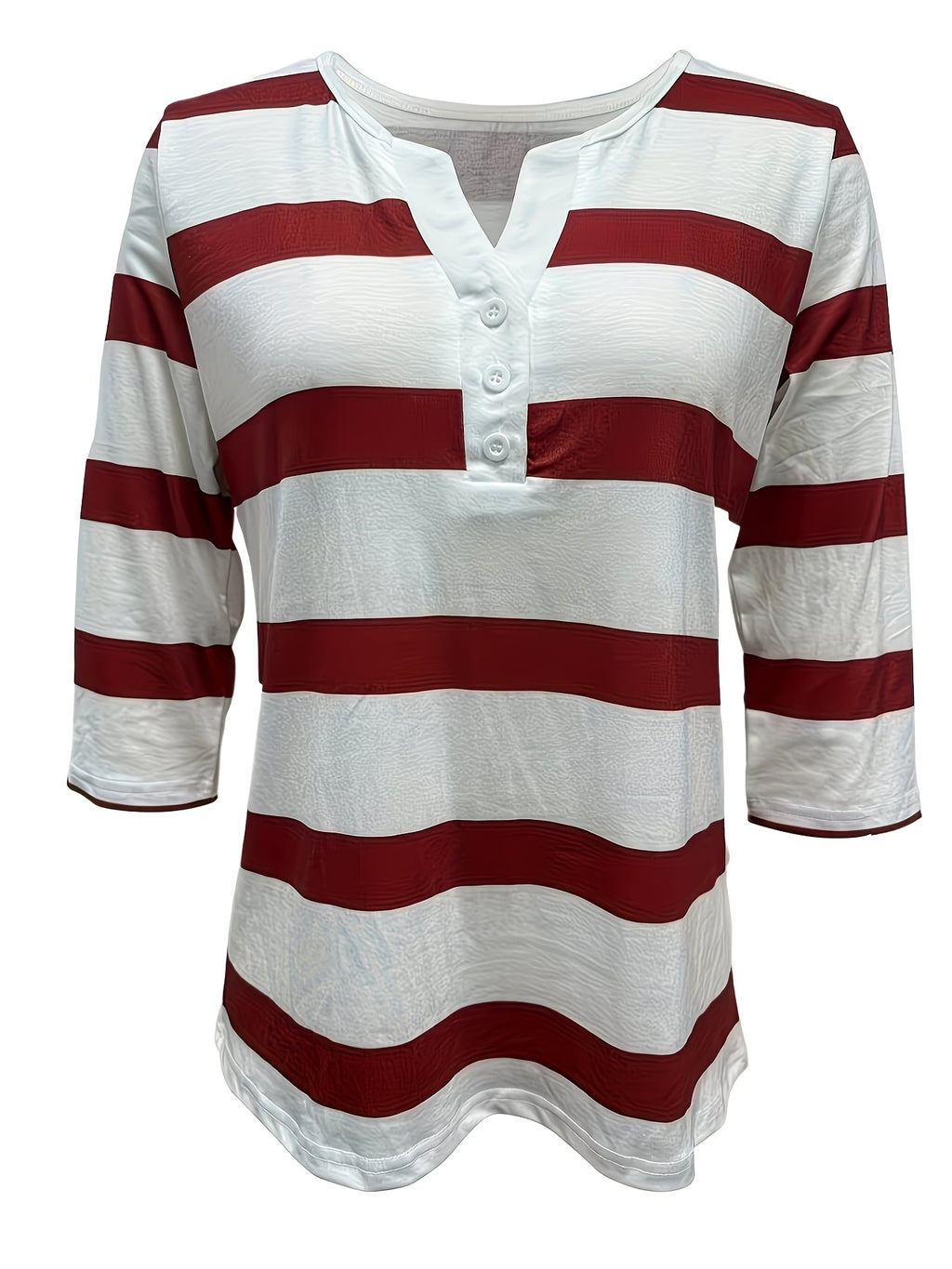 Women's Fashion New Spring/Summer Striped Print V-Neck Button-Up Three-Quarter Sleeve Loose Fit Casual Top Base Tee, Comfortable and Stylish - Suitable for Daily Wear and Home - Red And White