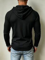 [Josh Mei OBM] Men'S Ribbed Drawstring Hoodie - Slim Fit Long Sleeve Pullover, with Adjustable Hood And Stretchy Fabric, Perfect for Casual Wear - Black