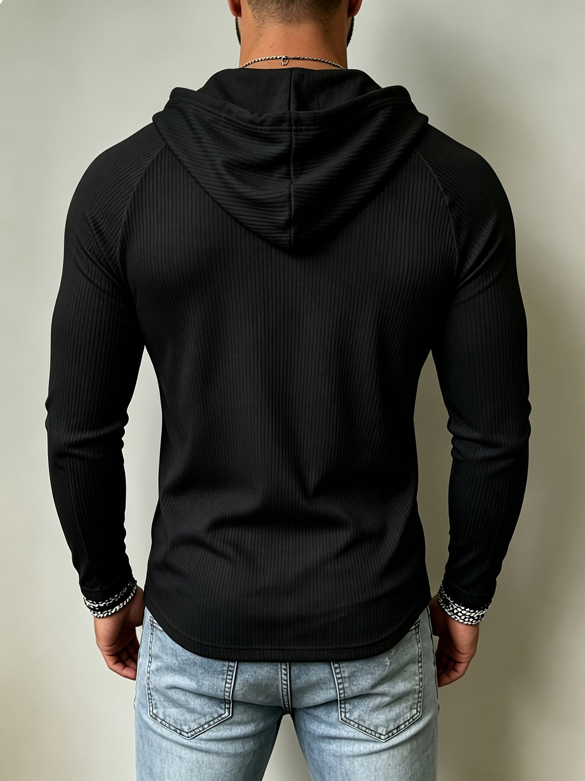 [Josh Mei OBM] Men'S Ribbed Drawstring Hoodie - Slim Fit Long Sleeve Pullover, with Adjustable Hood And Stretchy Fabric, Perfect for Casual Wear - Black