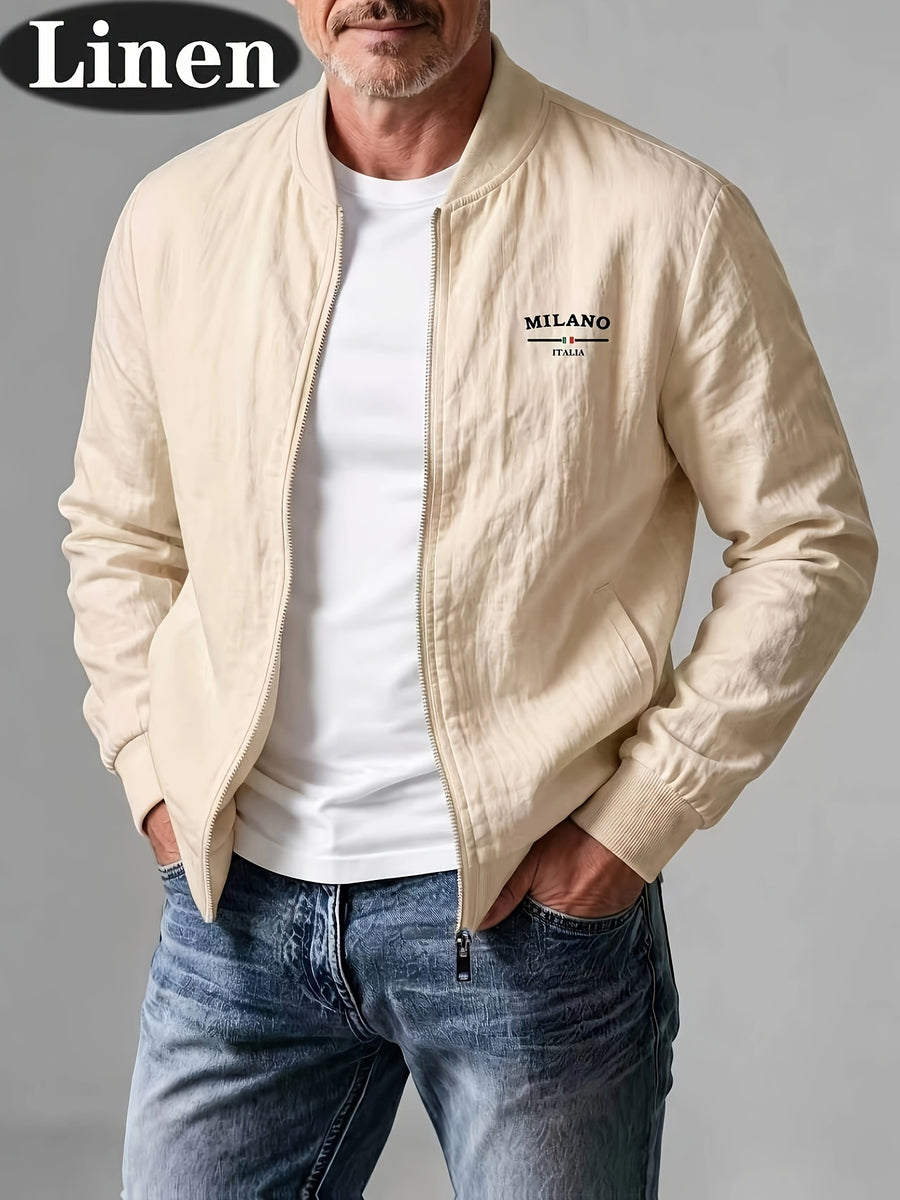 Spring Summer Linen Washed Pleated Baseball Collar Jacket Men'S MILANO Letter Print Thin Breathable Coat Middle-Aged Dad Loose Zipper Cardigan Multi-Color Versatile Commute Casual Outerwear Baseball Uniform Top, Transitional Bomber Jacket - Apricot