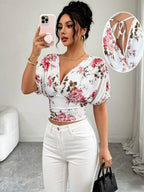 Women'S Elegant White Floral V-Neck Ruched Waist T-Shirt, Summer Bohemian Holiday Tea Party Festive Outfit Floral Print Top, Suitable for Dates, Beach Vacations, And More - Mixed colors