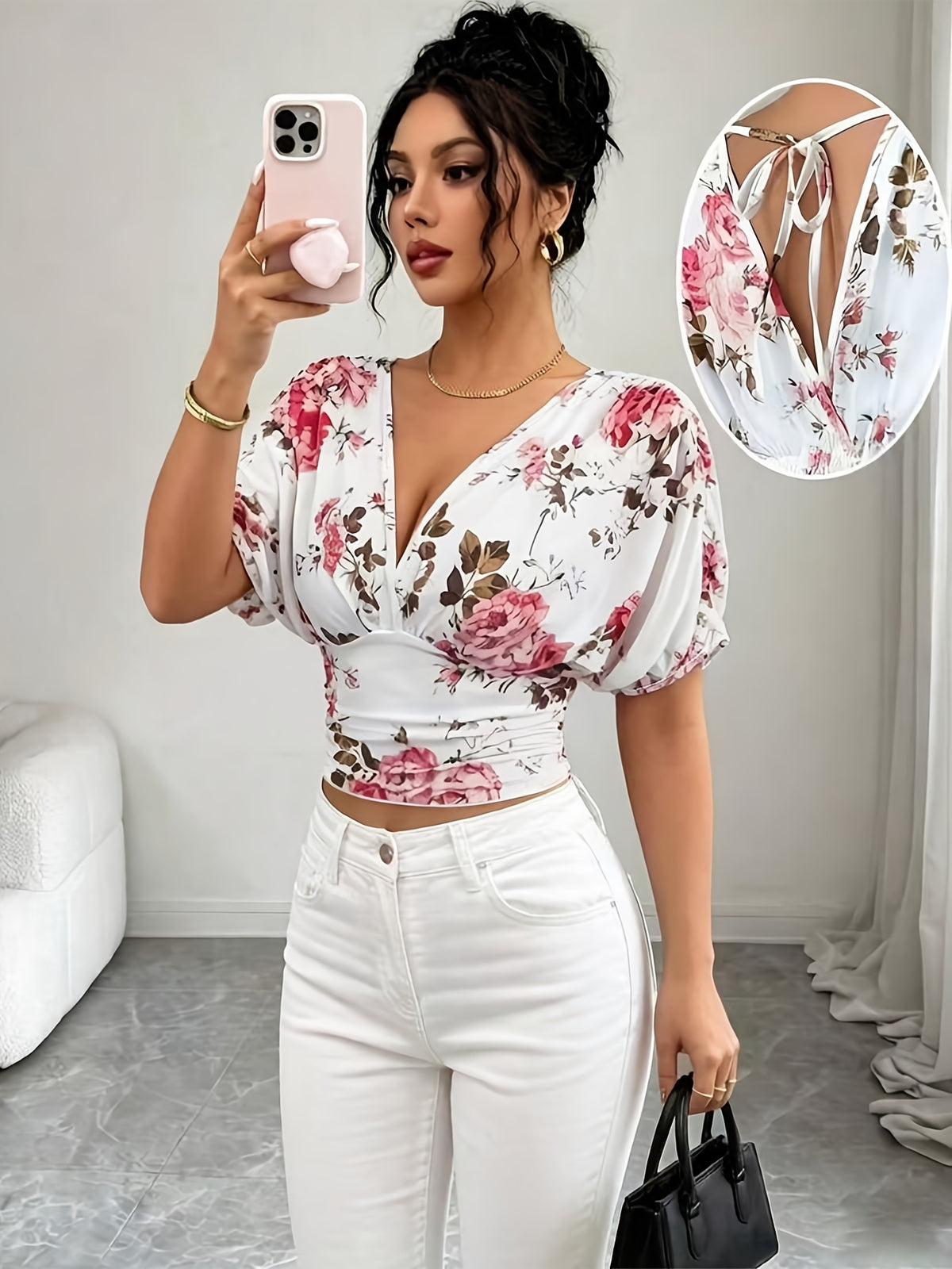 Women'S Elegant White Floral V-Neck Ruched Waist T-Shirt, Summer Bohemian Holiday Tea Party Festive Outfit Floral Print Top, Suitable for Dates, Beach Vacations, And More - Mixed colors
