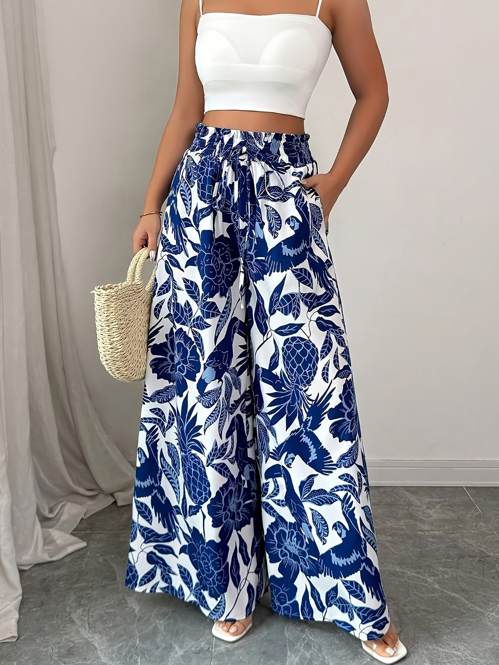 Summer Elegant Chic Romantic Women'S Printed Ruffled Waistband Wide-Leg Casual Loose Vacation Trousers with Fake Drawstring Casual Style - Blue