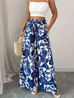 Summer Elegant Chic Romantic Women'S Printed Ruffled Waistband Wide-Leg Casual Loose Vacation Trousers with Fake Drawstring Casual Style - Blue