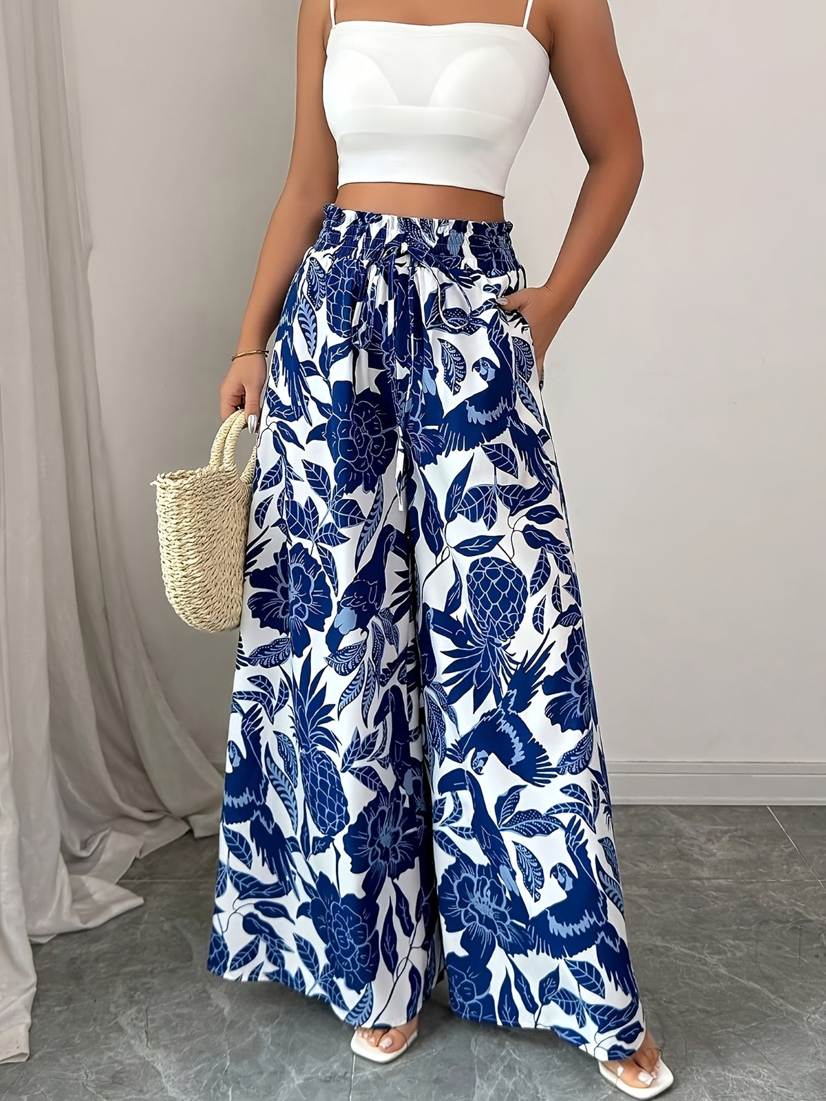 Summer Elegant Chic Romantic Women'S Printed Ruffled Waistband Wide-Leg Casual Loose Vacation Trousers with Fake Drawstring Casual Style - Blue