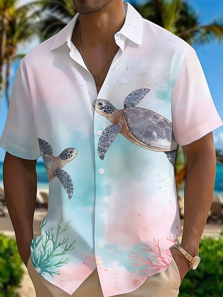 Men's Watercolor Sea Turtle Short-Sleeve Shirt, Hawaiian Style, All-Over Ocean Coral and Sea Turtle Print, Loose Fit Top, Suitable for Beach, Vacation, and Daily Wear - Mixed colors