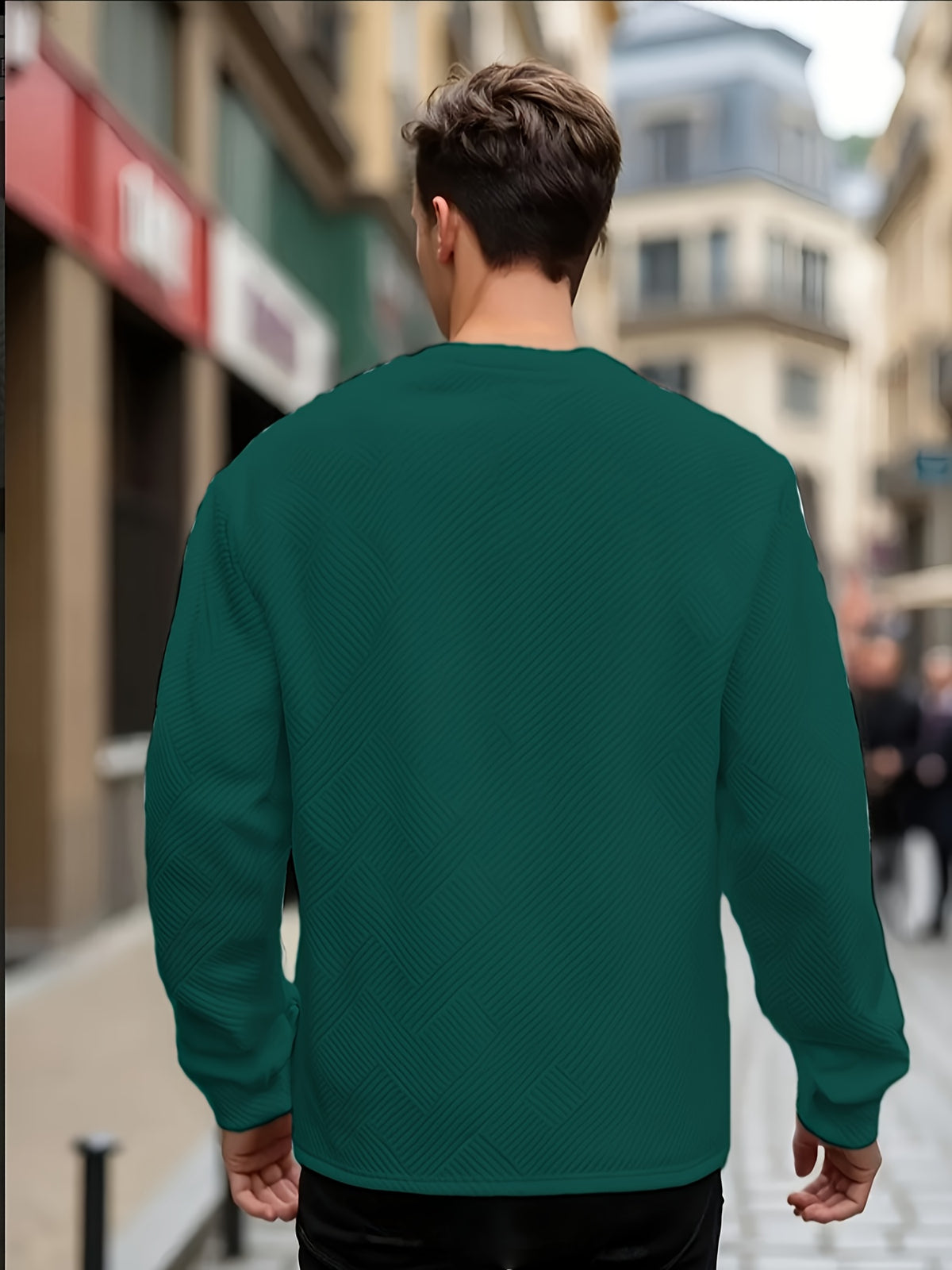 Men'S Spring Autumn Casual Long Sleeve Sweatshirt Daily All-Match Heavy Jacquard Round Neck Sweatshirt, Regular Fit, Outdoor, Crew Neck, Geometric Print - Dark Green