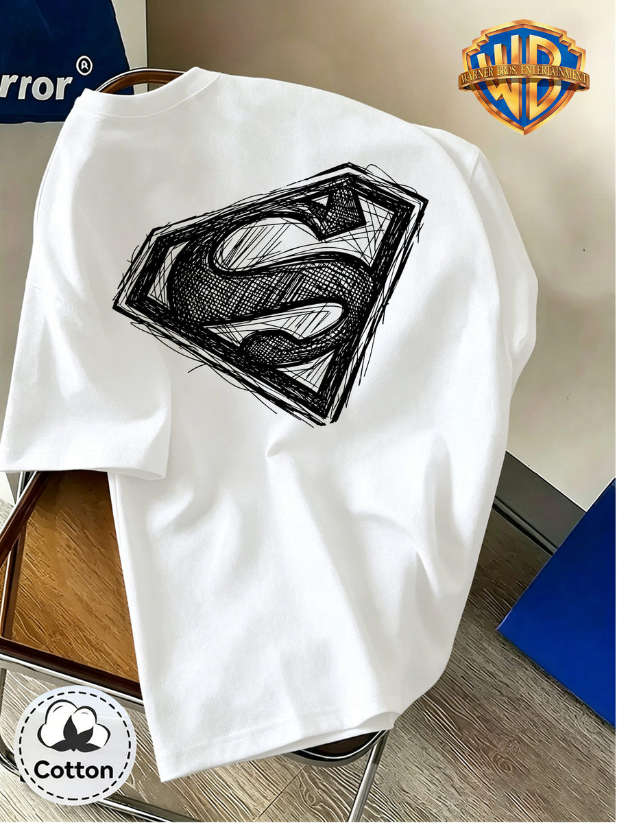 DC Superman Sketch S Logo Print 100% T-Shirt, Unisex Trendy Top, Double-Sided Print Design, Soft Fabric Material, Fashionable And Versatile Round Neck Short Sleeve Top, Designed for Men. Casual And Comfortable, Diverse Styles And Loose Fit - White