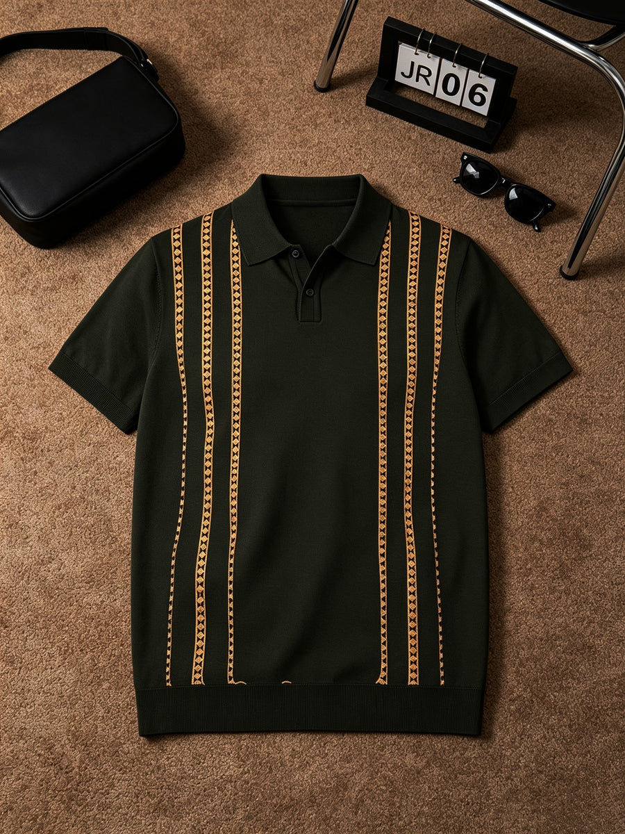 Luxury Fine Vertical Jacquard Pattern Collared Knit Polo for Men, Breathable Soft Short Sleeve Slim Blouse, Comfort Casual Top for Daily Street Weekend Hangout - Black