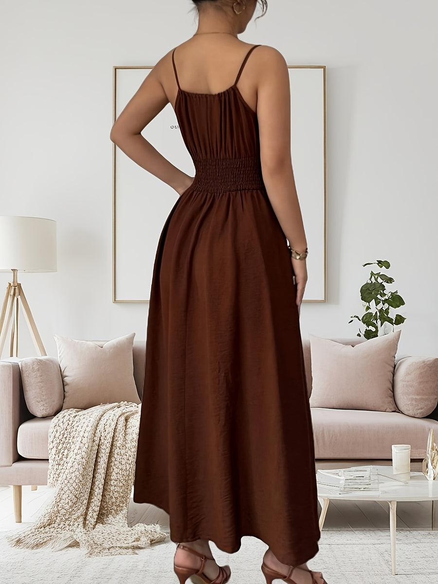 Women's Elegant Coffee-colored Front Bow Waist Drawstring Loose Spaghetti Suspender Dress Casual Dress - Coffee Brown
