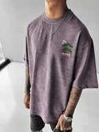 Printed Design - Not Textured: Tang Yunshu American Sporty Style Trendy Men's Japanese National Chic Printed Short Sleeve Shirt, Distressed Washed Finish + Exquisite Crane and Pine Tree Pattern, Crisp Wrinkle-Resistant and Wear-Resistant Fabric - Light Purple