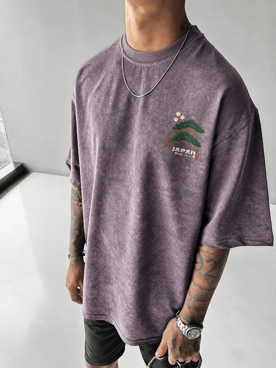 Printed Design - Not Textured: Tang Yunshu American Sporty Style Trendy Men's Japanese National Chic Printed Short Sleeve Shirt, Distressed Washed Finish + Exquisite Crane and Pine Tree Pattern, Crisp Wrinkle-Resistant and Wear-Resistant Fabric - Light Purple