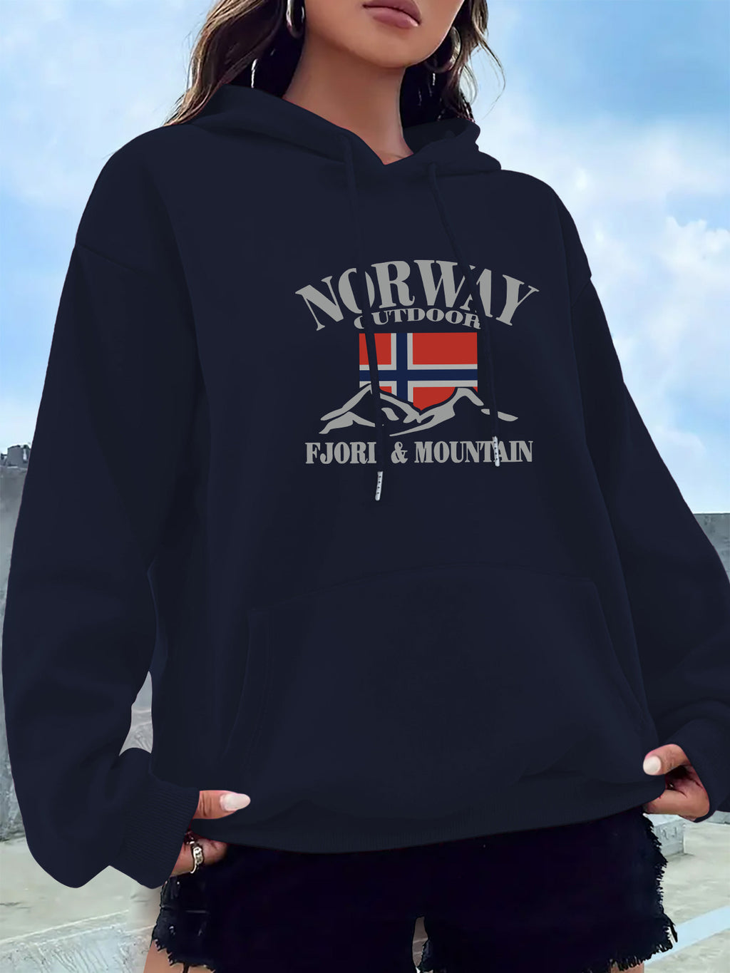 2025 New Women's American Fashion Casual Norwegian Outdoor Letter Print Hoodie with Kangaroo Pocket and Drawstring, 100% Polyester Fabric, Machine Washable, All-Season Y Sweatshirt - Navy Color