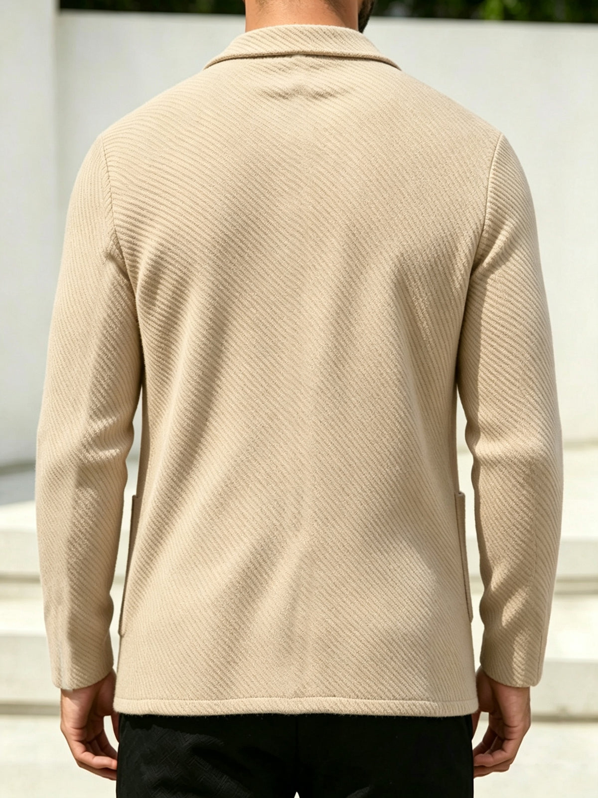 Whale Crossing OBM Men's New Spring, Autumn, and Winter Collection: Twill Textured Fabric Notched Lapel Cardigan, Single-Breasted with Double Pockets, Business Casual Versatile Long-Sleeve Knit Outerwear. Soft, Comfortable, and Stylish Solid-Colored - Khaki