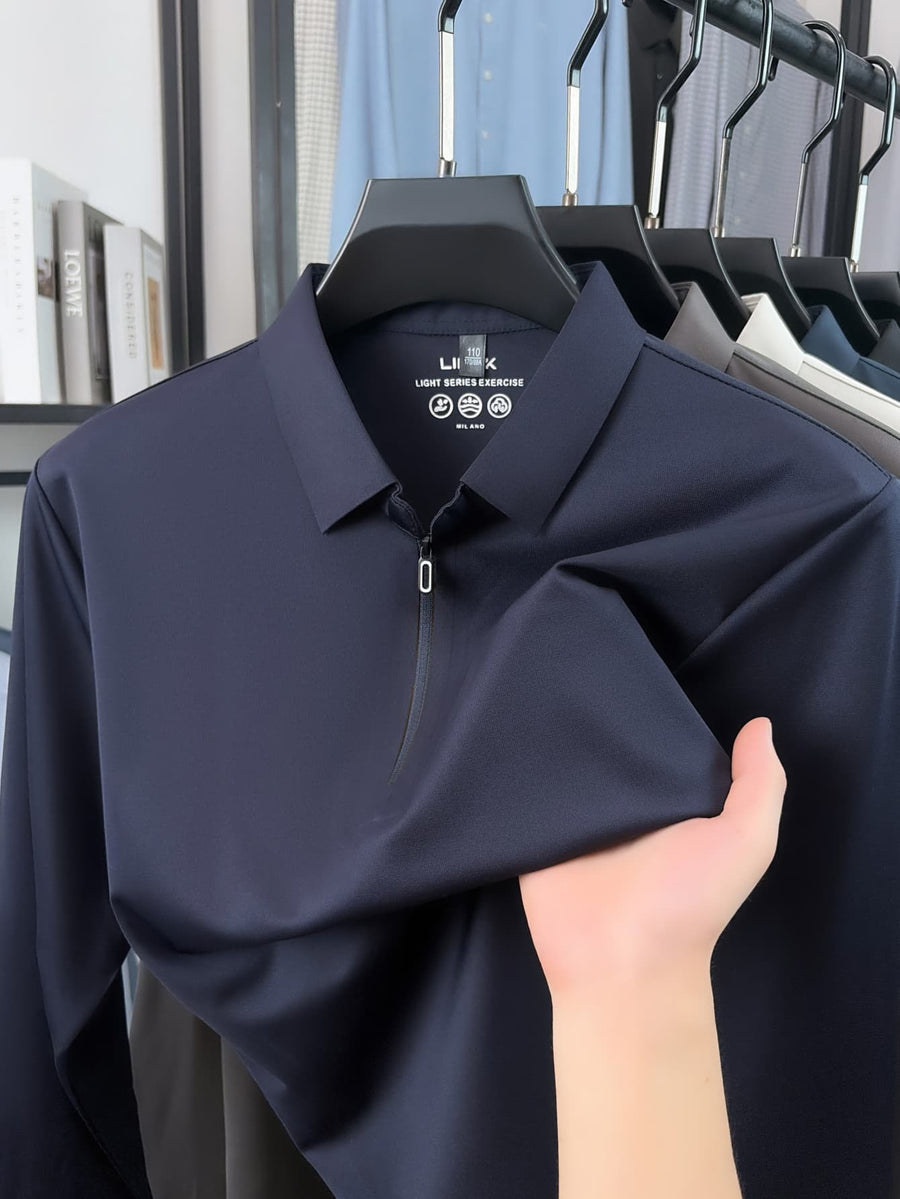 Men'S Thin Loose Zip Collar Lapel Long Sleeve Polo Shirt Skin-Friendly Non-Iron Business Casual Top for Spring Autumn Daily Commute Layering Outfit for Middle-Aged Dad, Suitable for Golf, Fishing, Tennis, Outdoor Sports - Navy Color