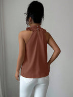 Fashionable Office Women's Solid Color Halter Top, Versatile Pleated Halter for Daily Gatherings, Sleeveless Top Suitable for Spring and Autumn, Standard Size Women's Top - Bean color
