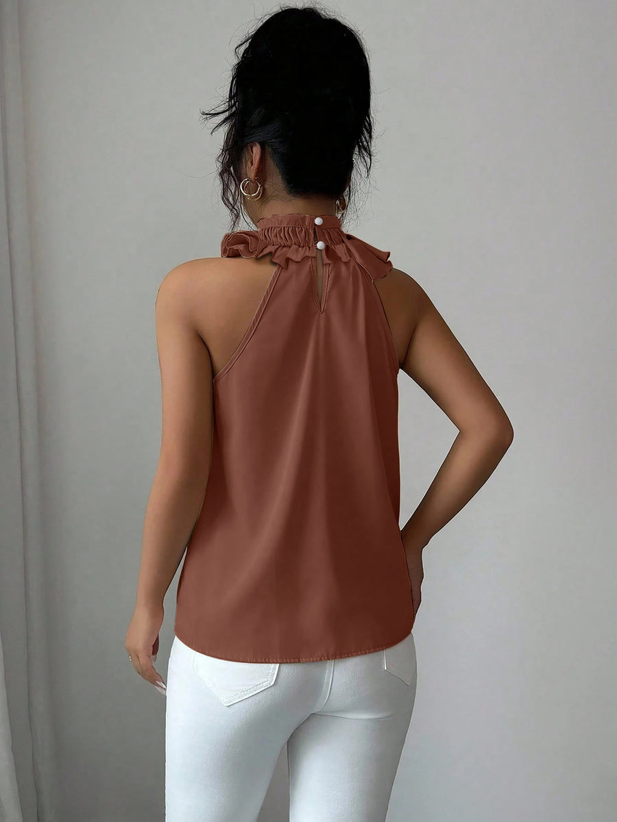 Fashionable Office Women's Solid Color Halter Top, Versatile Pleated Halter for Daily Gatherings, Sleeveless Top Suitable for Spring and Autumn, Standard Size Women's Top - Bean color