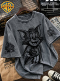 Warner Bros. Licensed Heart-shaped Mouse Pattern Printed Water-washed T-shirt. A Retro Short-sleeved Round-neck Top with a Sketch Cartoon Style Design. Perfect for Casual Street Wear, Daily Wear, Travel and Leisure Outings. - Grey