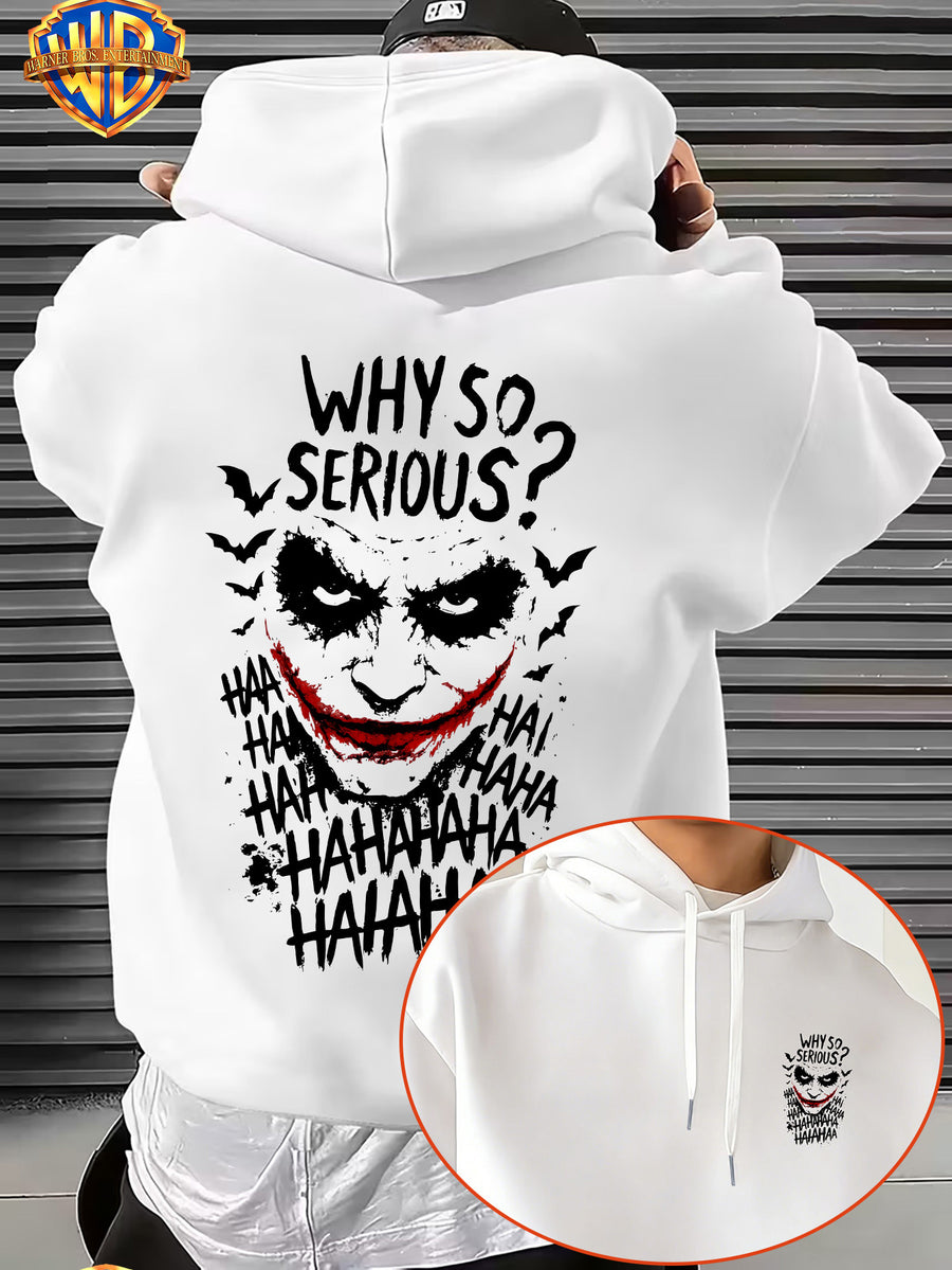Licensed by Warner Bros., Trendy Cool Dark Distressed Joker Head, Classic Quote Slogan Bat Silhouette Street Retro Graffiti Trendy Cool Print Men'S Fashion Hooded Sweatshirt, Sleeve Print Design, Kangaroo Pocket, Drawstring Hood - White