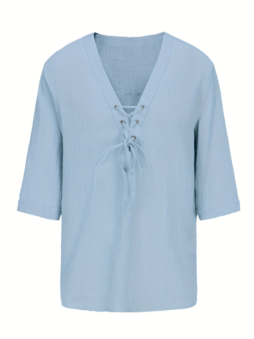 Men's Summer Casual V-Neck Breathable Short-Sleeve Fashion Drawstring Solid Color T-Shirt with Wrinkle Fabric - Light Blue