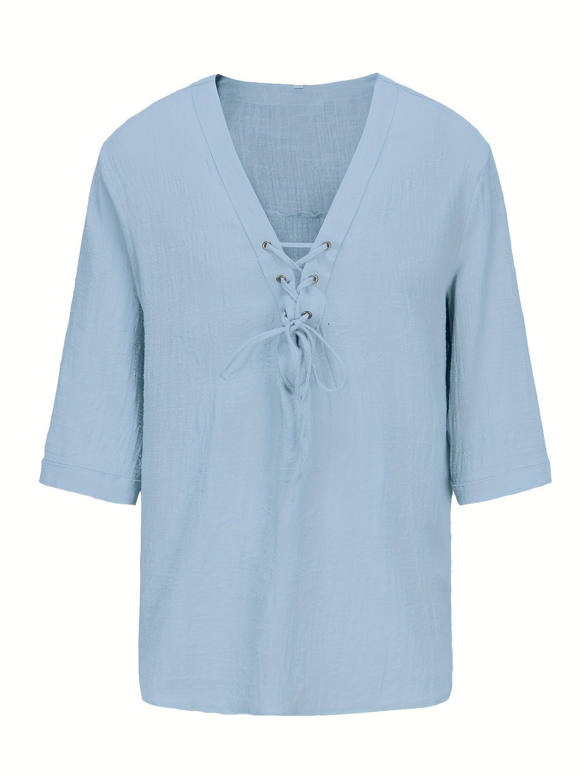 Men's Summer Casual V-Neck Breathable Short-Sleeve Fashion Drawstring Solid Color T-Shirt with Wrinkle Fabric - Light Blue