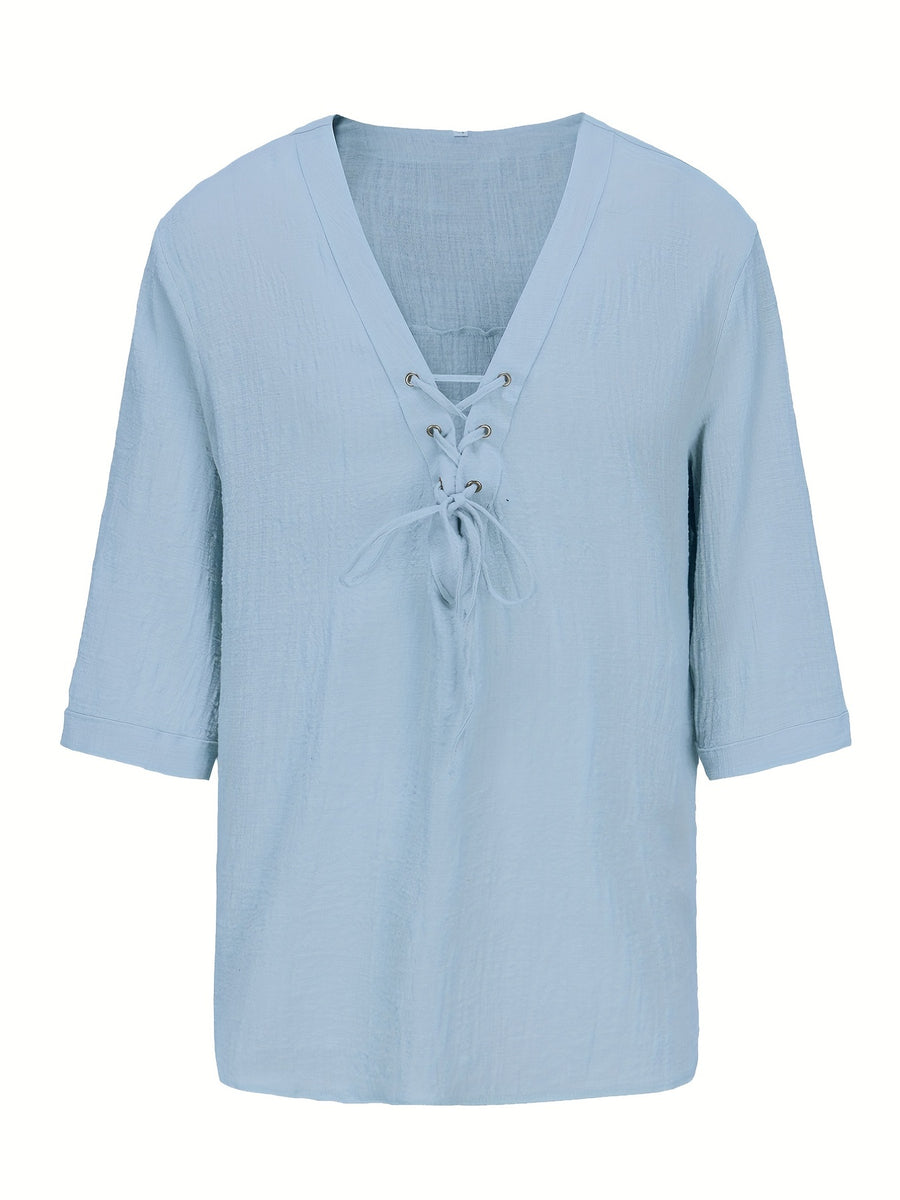Men's Summer Casual V-Neck Breathable Short-Sleeve Fashion Drawstring Solid Color T-Shirt with Wrinkle Fabric - Light Blue