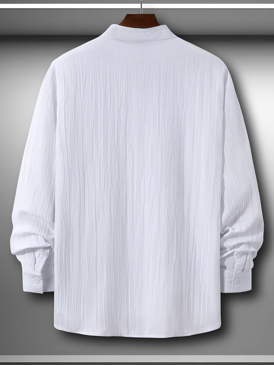 Men'S Fashion Casual Comfortable Long Sleeve Shirt - Lightweight Breathable Stand Collar Button-Up, Easy-Care Top, Machine Washable for Office And Casual Wear, Versatile Outfit for Events And Outings, Trendy Style Shirt - Milky